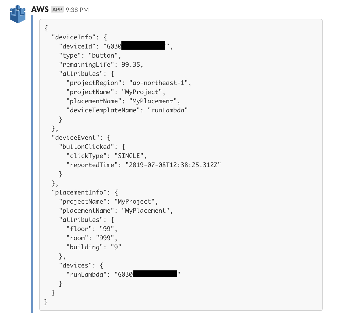 IoT 1-Click Slack message