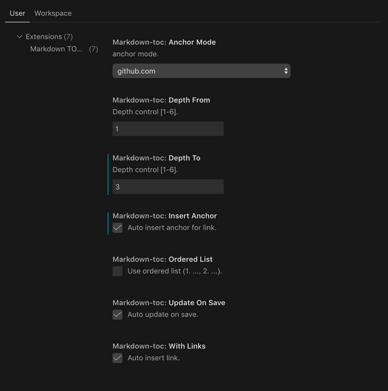 markdown toc setting