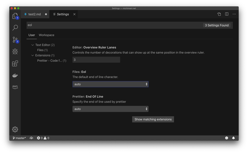 Visual Studio Code files eol setting
