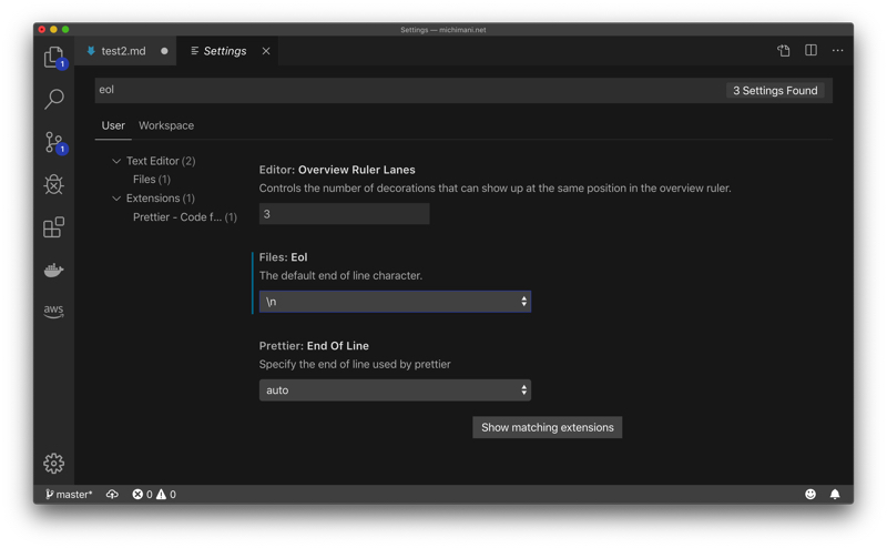 Visual Studio Code files eol setting to \n