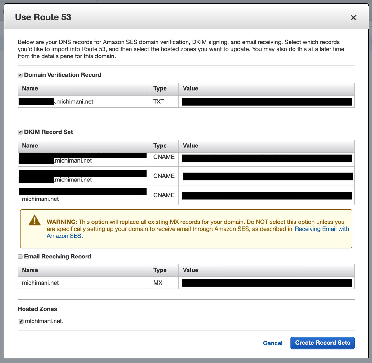 Amazon SES Verify a New Domain confirm DNS records