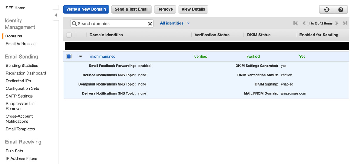 Amazon SES Verify Domains list
