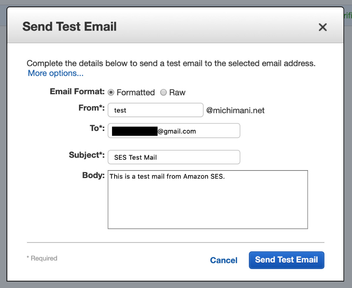 Amazon SES send a test mail to outer domain