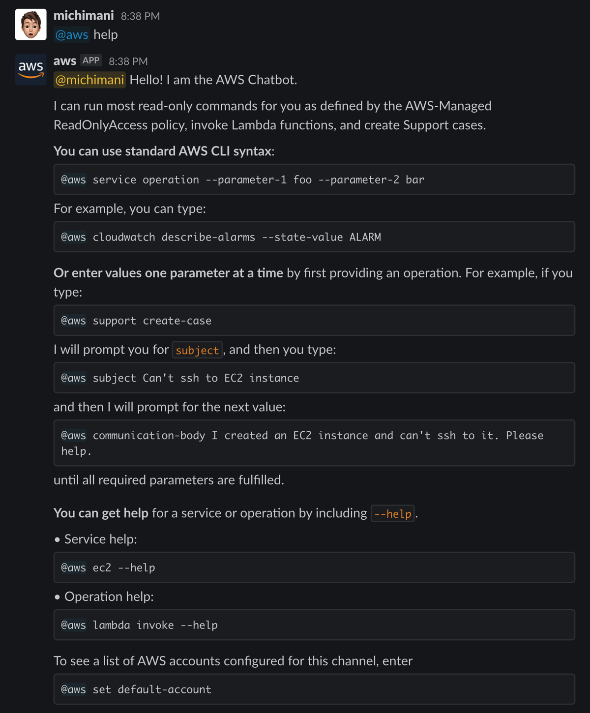 running AWS CLI command from Slack | help