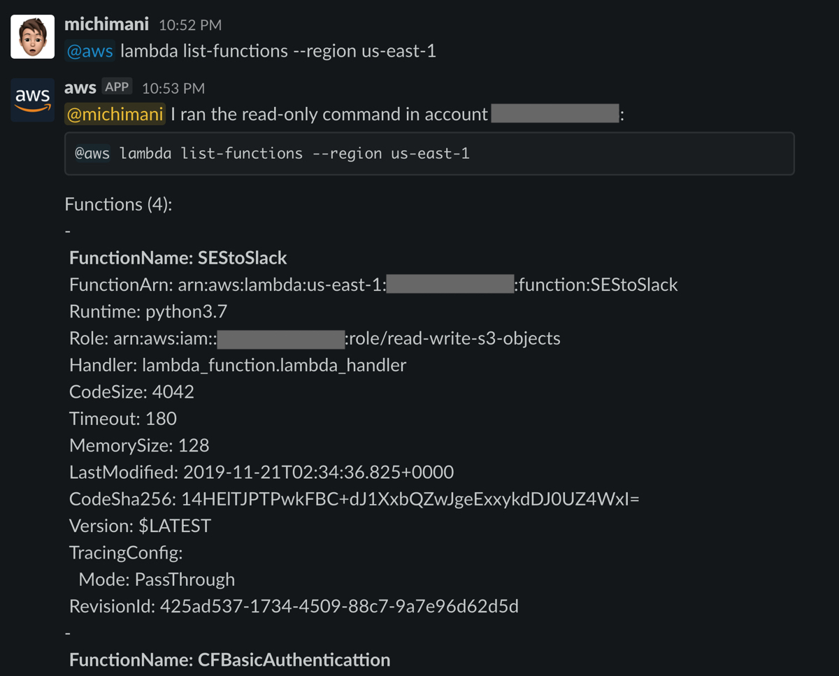 running AWS CLI command from Slack | lambda list-functions