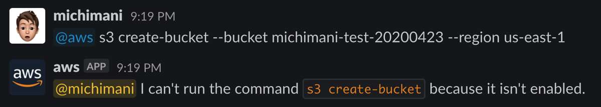 running AWS CLI command from Slack | s3 create-bucket
