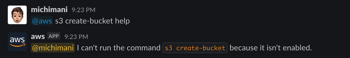 running AWS CLI command from Slack | s3 create-bucket help