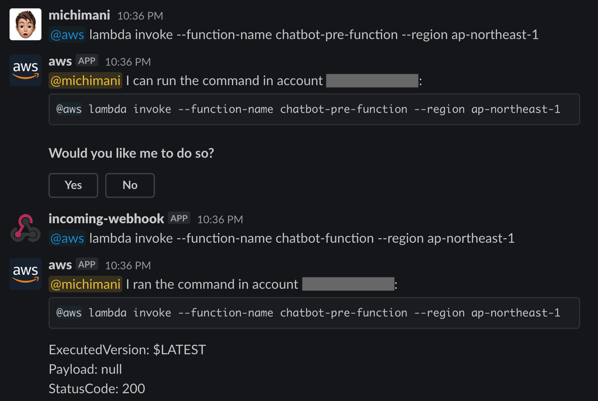 running AWS CLI command from Slack | lambda invoke via incoming-webhook