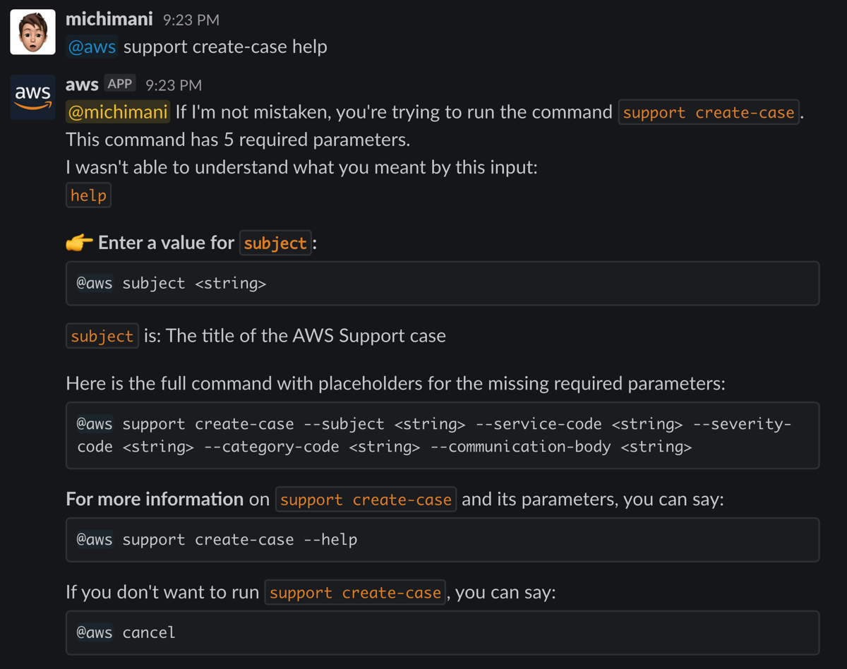 running AWS CLI command from Slack | support create-case