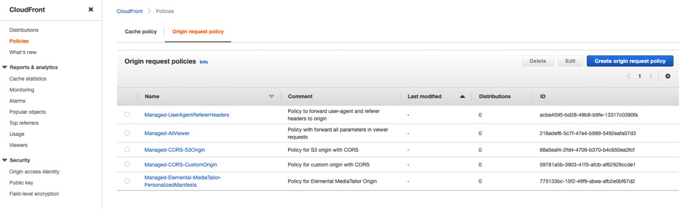 CloudFront origin request policy list