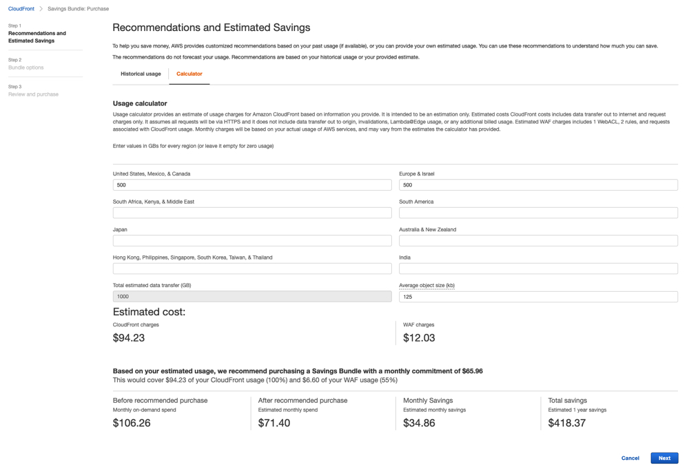 CloudFront Savings Bundle Calculator