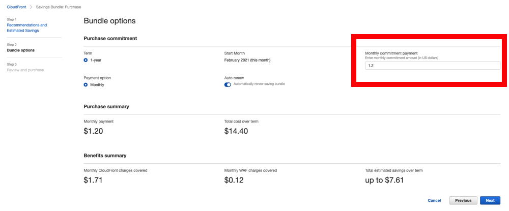 CloudFront Savings Bundle Bundle options