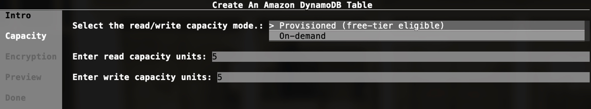 DynamoDB new table wizard Capacity