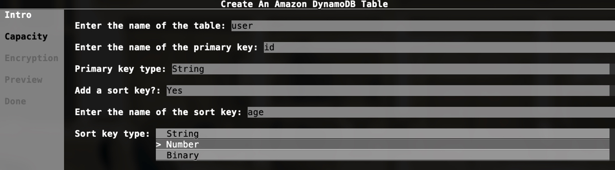 DynamoDB new table wizard Intro
