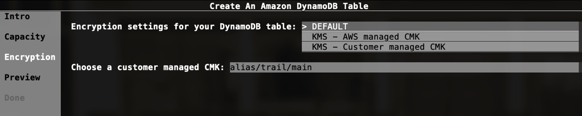 DynamoDB new table wizard Encryption