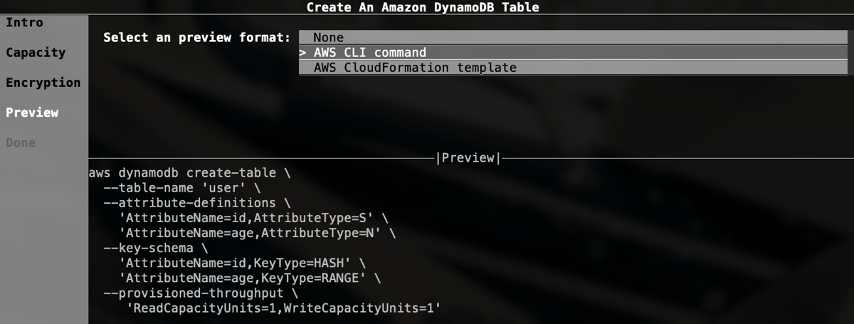DynamoDB new table wizard Preview AWS CLI command