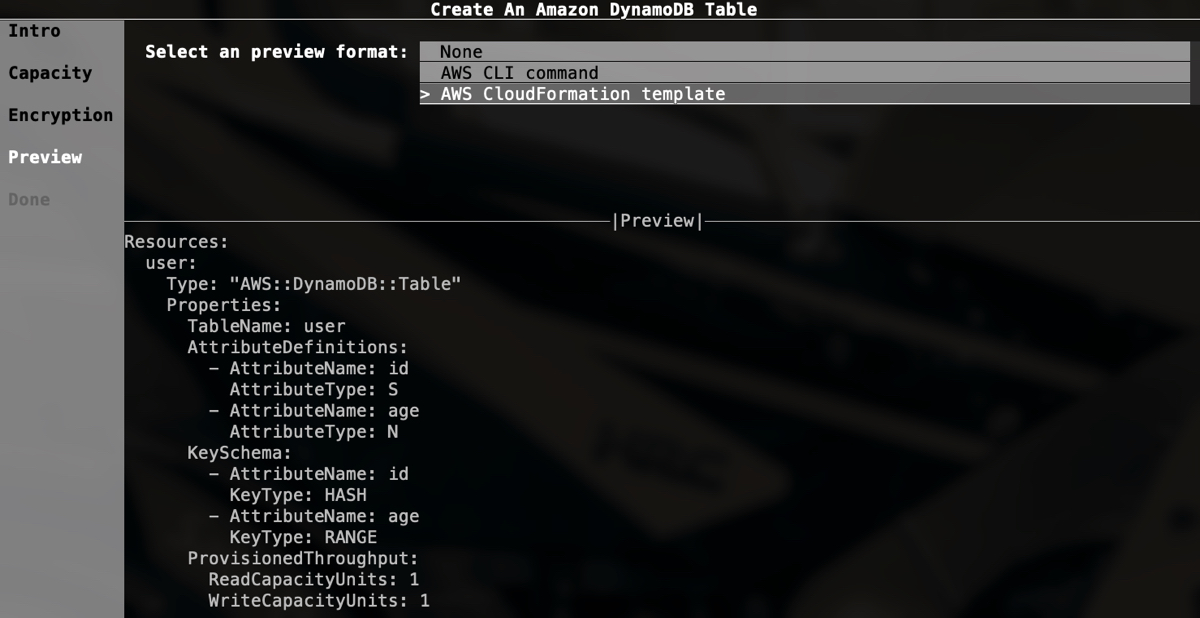 DynamoDB new table wizard Preview CloudFormation template