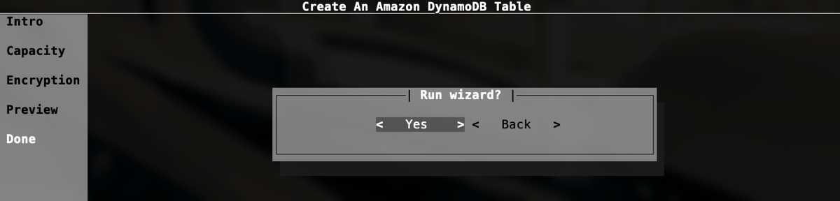 DynamoDB new table wizard Done